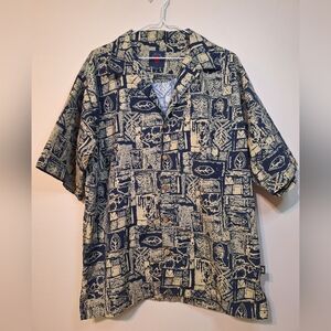 Kipling tropical large men's shortsleeve button down hawiian shirt navy beige